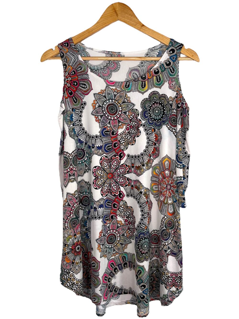 Multicolor Mandala Floral Cold‑Shoulder Boho Top